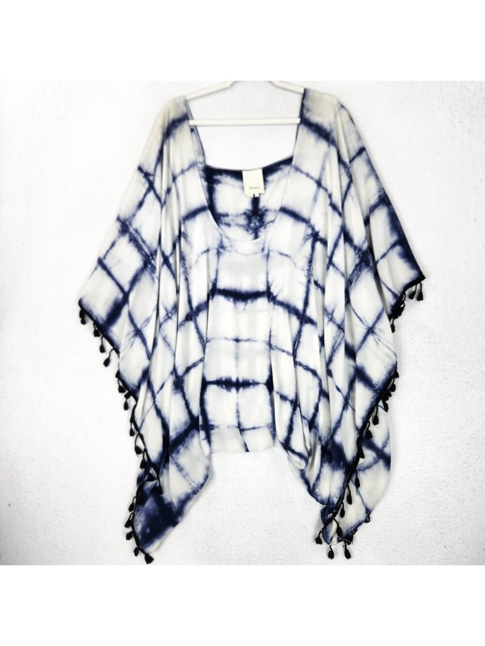 Anthropologie Elevenses Poncho Womens OS Blue White Silk Tassel Tie Dye Kimono